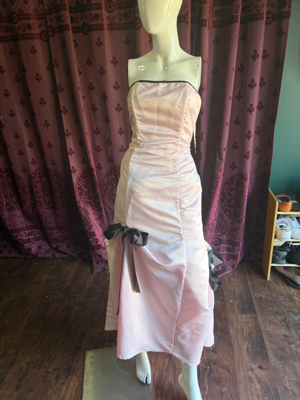 Vintage Y2K Strapless Pink Satin Gown W/ Black Ribbons & Lace Up Back Size Small